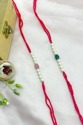 Designer pearl set of 2 rakhi for brother - traditional bead thread