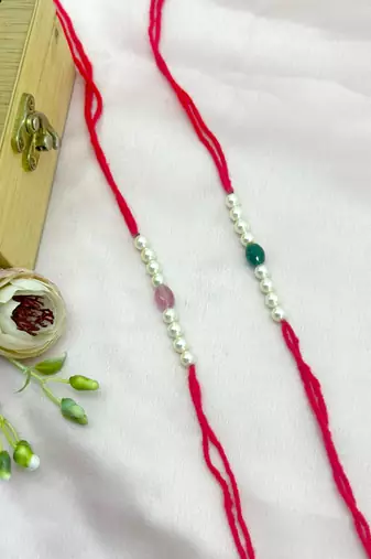 Designer pearl set of 2 rakhi for brother - traditional bead thread
