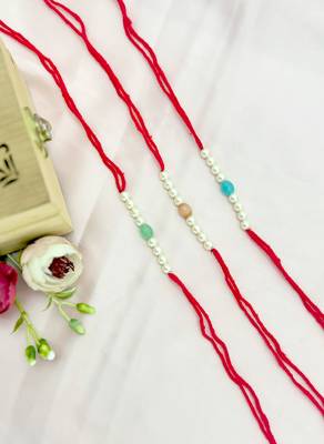 Designer pearl set of 3 rakhi for brother - traditional bead thread 1