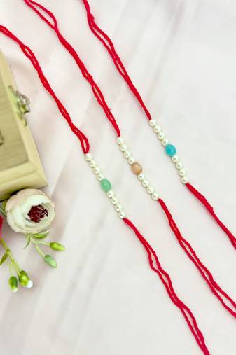 Designer pearl set of 3 rakhi for brother - traditional bead thread
