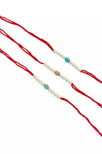 Designer pearl set of 3 rakhi for brother - traditional bead thread