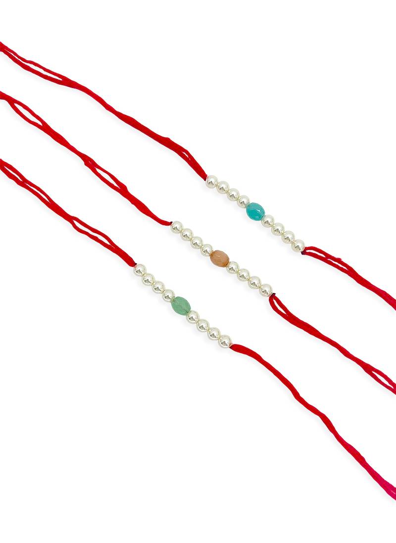 Designer pearl set of 3 rakhi for brother - traditional bead thread