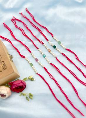 Designer pearl set of 6 rakhi for brother - traditional bead thread 1