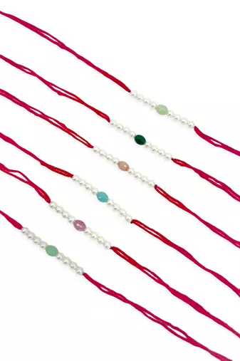 Designer pearl set of 6 rakhi for brother - traditional bead thread