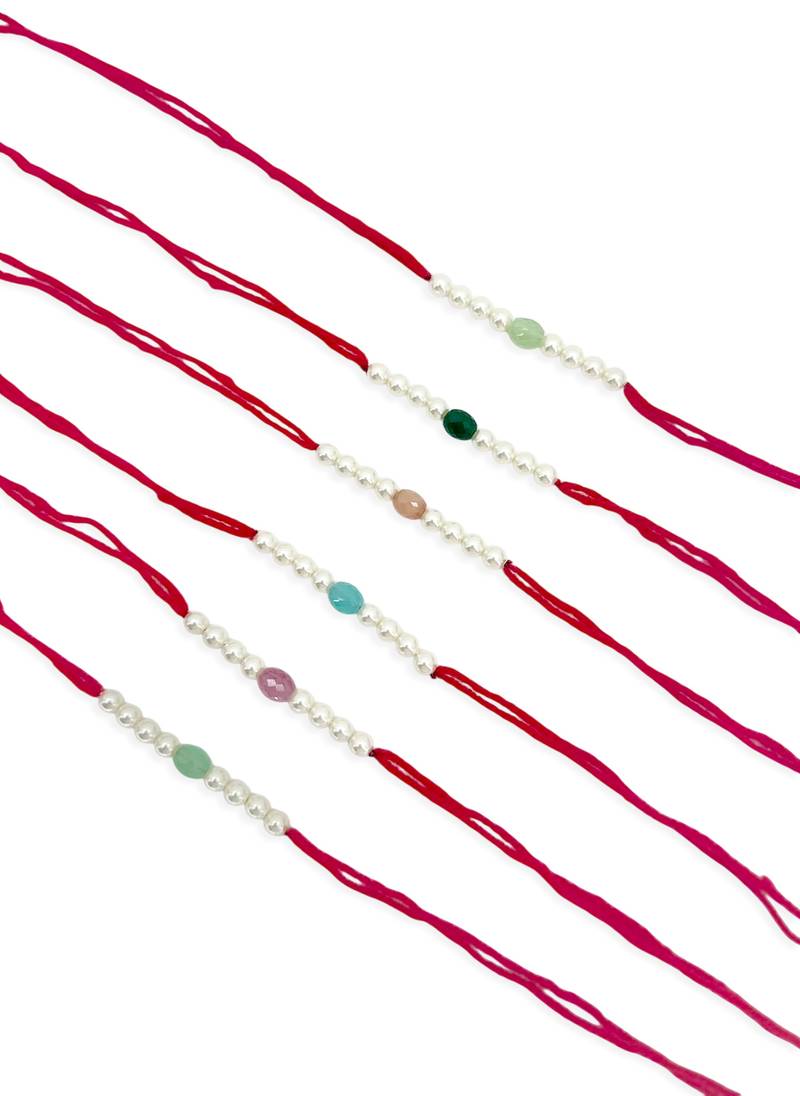 Designer pearl set of 6 rakhi for brother - traditional bead thread