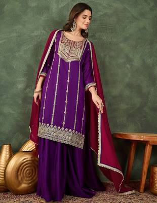 Women's Beautiful Embroidery Work Vichitra Silk Fabric Straight Kurta Sharara and Dupatta Set 1