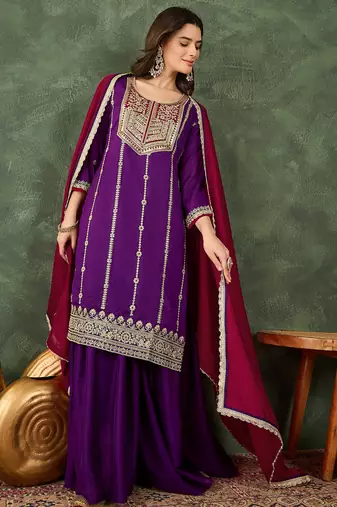 Women's Beautiful Embroidery Work Vichitra Silk Fabric Straight Kurta Sharara and Dupatta Set