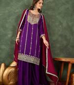 Women's Beautiful Embroidery Work Vichitra Silk Fabric Straight Kurta Sharara and Dupatta Set