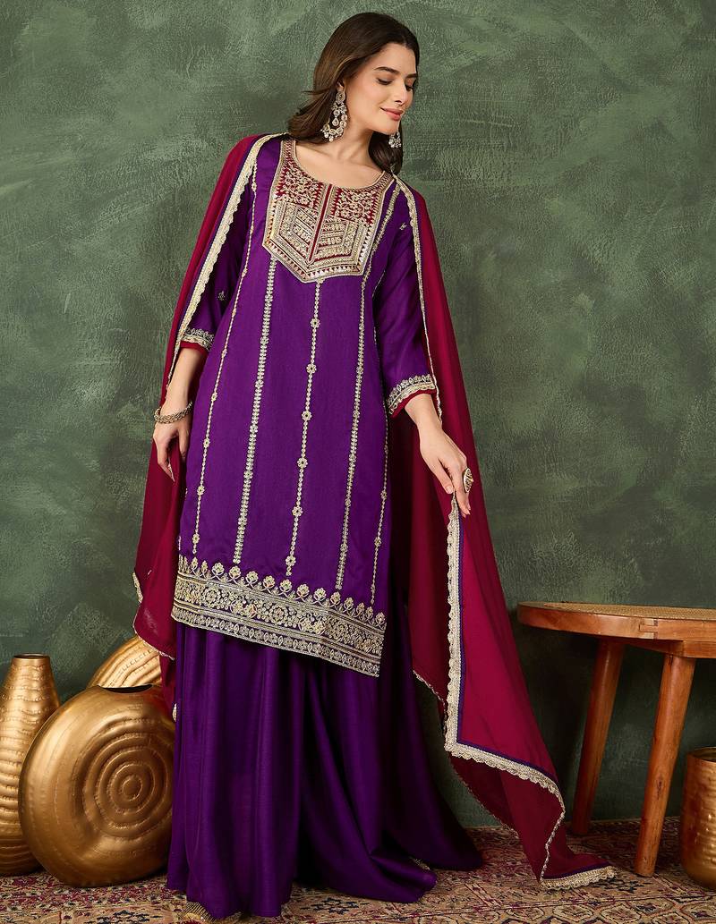 Women's Beautiful Embroidery Work Vichitra Silk Fabric Straight Kurta Sharara and Dupatta Set