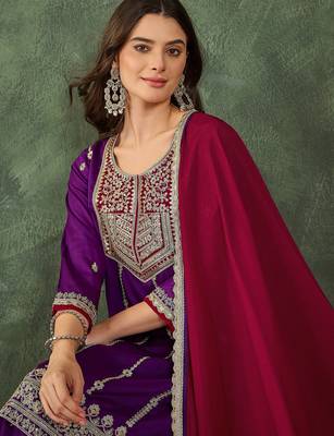 Women's Beautiful Embroidery Work Vichitra Silk Fabric Straight Kurta Sharara and Dupatta Set 2