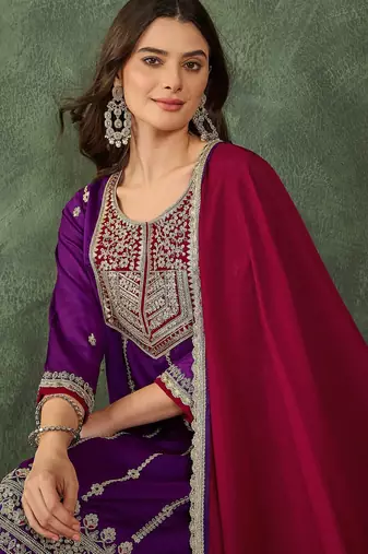 Women's Beautiful Embroidery Work Vichitra Silk Fabric Straight Kurta Sharara and Dupatta Set