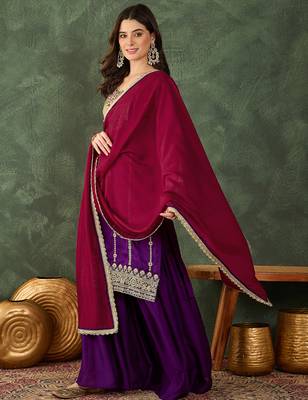 Women's Beautiful Embroidery Work Vichitra Silk Fabric Straight Kurta Sharara and Dupatta Set 3