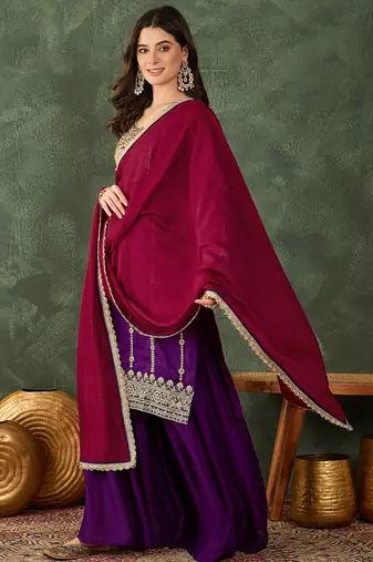 Women's Beautiful Embroidery Work Vichitra Silk Fabric Straight Kurta Sharara and Dupatta Set