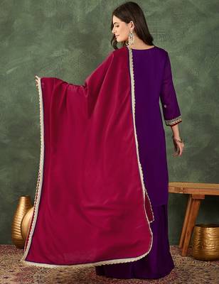 Women's Beautiful Embroidery Work Vichitra Silk Fabric Straight Kurta Sharara and Dupatta Set 4