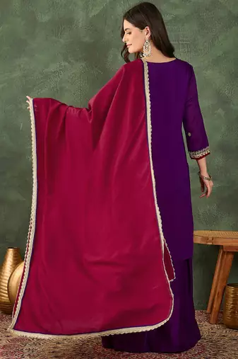 Women's Beautiful Embroidery Work Vichitra Silk Fabric Straight Kurta Sharara and Dupatta Set
