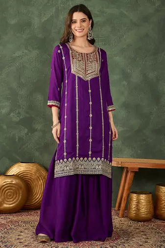 Women's Beautiful Embroidery Work Vichitra Silk Fabric Straight Kurta Sharara and Dupatta Set