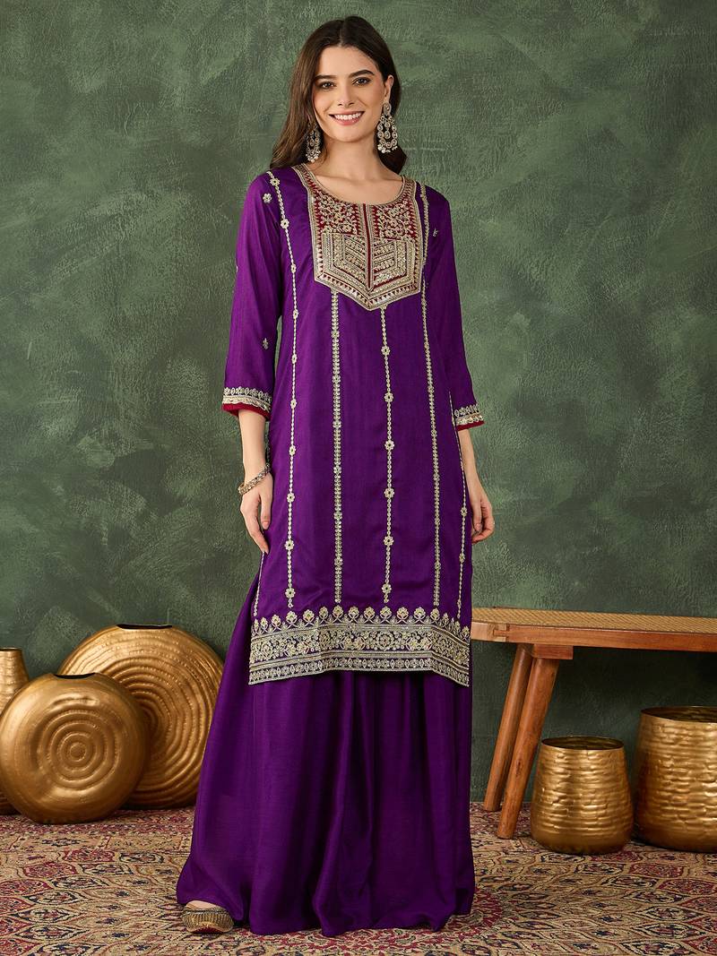 Women's Beautiful Embroidery Work Vichitra Silk Fabric Straight Kurta Sharara and Dupatta Set
