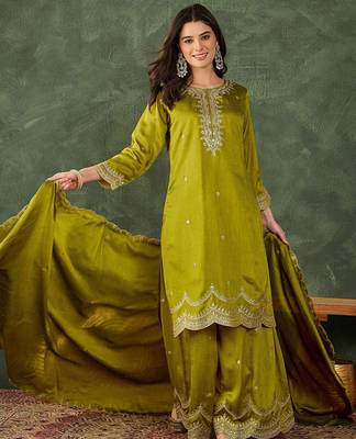 Women's Beautiful Embroidery Work Vichitra Silk Fabric Straight Kurta Sharara and Dupatta Set 1