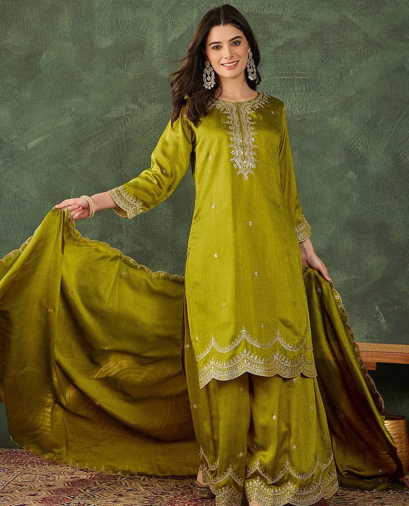Women's Beautiful Embroidery Work Vichitra Silk Fabric Straight Kurta Sharara and Dupatta Set