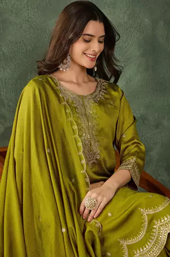 Women's Beautiful Embroidery Work Vichitra Silk Fabric Straight Kurta Sharara and Dupatta Set