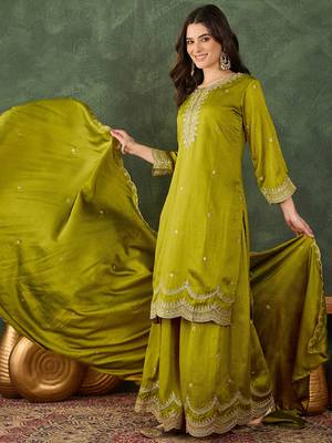 Women's Beautiful Embroidery Work Vichitra Silk Fabric Straight Kurta Sharara and Dupatta Set 3
