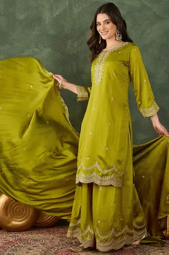 Women's Beautiful Embroidery Work Vichitra Silk Fabric Straight Kurta Sharara and Dupatta Set