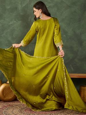 Women's Beautiful Embroidery Work Vichitra Silk Fabric Straight Kurta Sharara and Dupatta Set 4