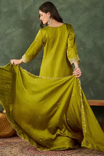 Women's Beautiful Embroidery Work Vichitra Silk Fabric Straight Kurta Sharara and Dupatta Set