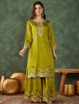 Women's Beautiful Embroidery Work Vichitra Silk Fabric Straight Kurta Sharara and Dupatta Set 5