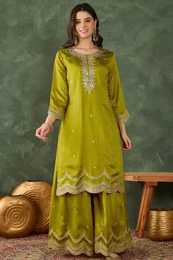 Women's Beautiful Embroidery Work Vichitra Silk Fabric Straight Kurta Sharara and Dupatta Set