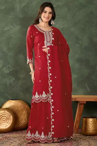 Women's Beautiful Embroidery Work Vichitra Silk Fabric Straight Kurta Sharara and Dupatta Set