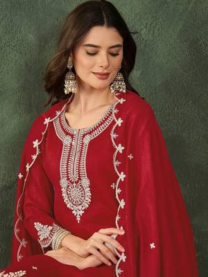 Women's Beautiful Embroidery Work Vichitra Silk Fabric Straight Kurta Sharara and Dupatta Set 2