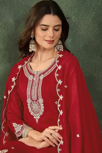 Women's Beautiful Embroidery Work Vichitra Silk Fabric Straight Kurta Sharara and Dupatta Set