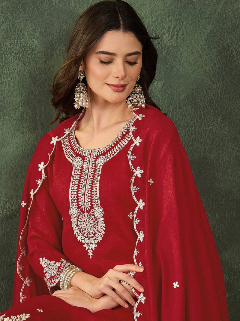 Women's Beautiful Embroidery Work Vichitra Silk Fabric Straight Kurta Sharara and Dupatta Set