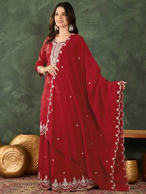 Women's Beautiful Embroidery Work Vichitra Silk Fabric Straight Kurta Sharara and Dupatta Set 3