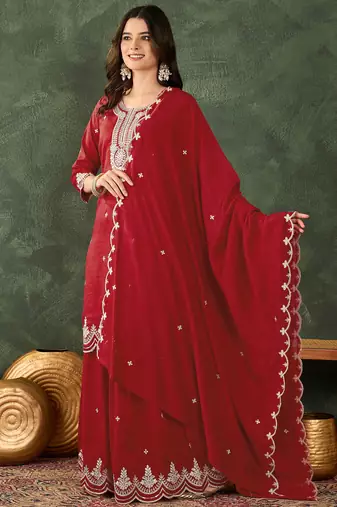 Women's Beautiful Embroidery Work Vichitra Silk Fabric Straight Kurta Sharara and Dupatta Set