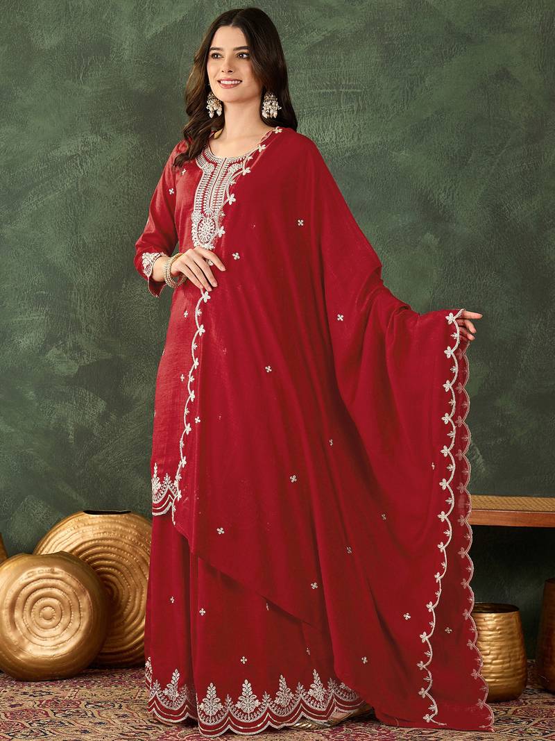 Women's Beautiful Embroidery Work Vichitra Silk Fabric Straight Kurta Sharara and Dupatta Set