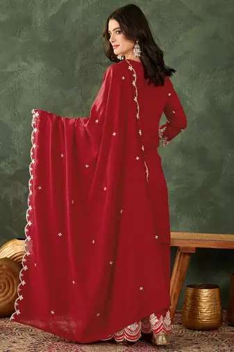 Women's Beautiful Embroidery Work Vichitra Silk Fabric Straight Kurta Sharara and Dupatta Set