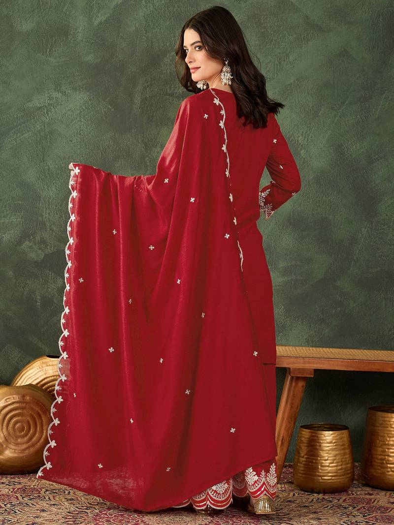 Women's Beautiful Embroidery Work Vichitra Silk Fabric Straight Kurta Sharara and Dupatta Set