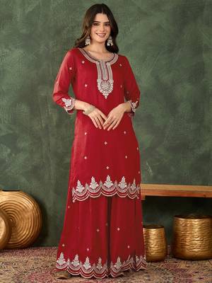 Women's Beautiful Embroidery Work Vichitra Silk Fabric Straight Kurta Sharara and Dupatta Set 5