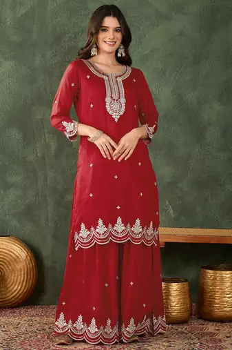 Women's Beautiful Embroidery Work Vichitra Silk Fabric Straight Kurta Sharara and Dupatta Set