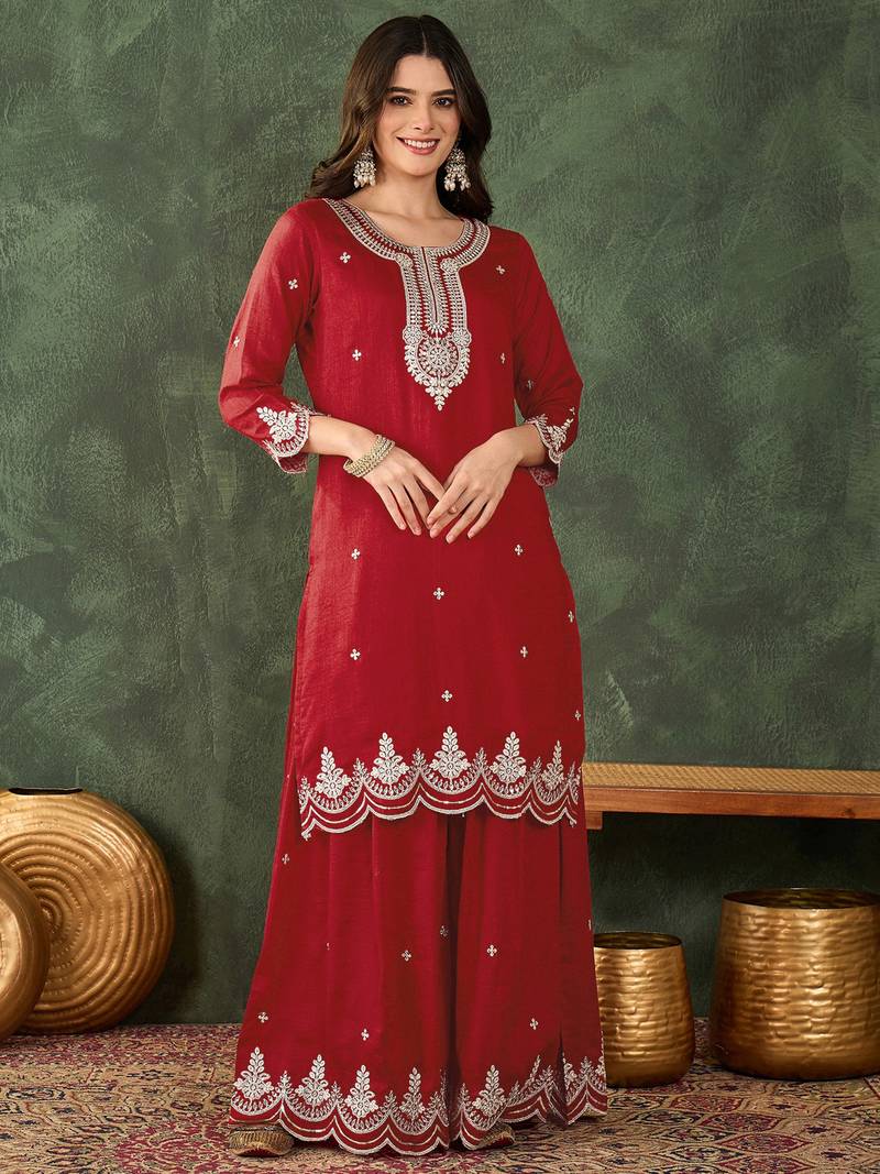 Women's Beautiful Embroidery Work Vichitra Silk Fabric Straight Kurta Sharara and Dupatta Set