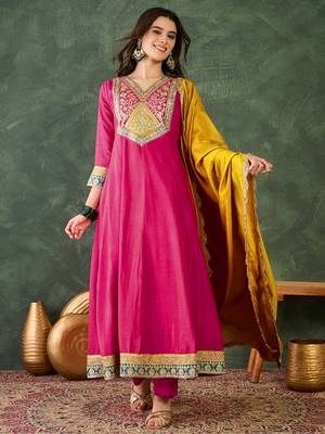 Women's Beautiful Embroidery Work Vichitra Silk Fabric Flared Anarkali Pant and Dupatta Set 1