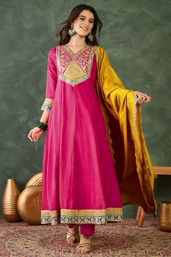 Women's Beautiful Embroidery Work Vichitra Silk Fabric Flared Anarkali Pant and Dupatta Set
