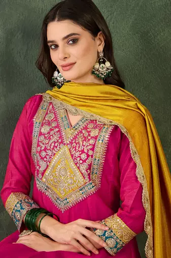 Women's Beautiful Embroidery Work Vichitra Silk Fabric Flared Anarkali Pant and Dupatta Set