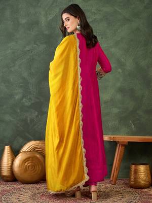 Women's Beautiful Embroidery Work Vichitra Silk Fabric Flared Anarkali Pant and Dupatta Set 4
