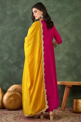 Women's Beautiful Embroidery Work Vichitra Silk Fabric Flared Anarkali Pant and Dupatta Set