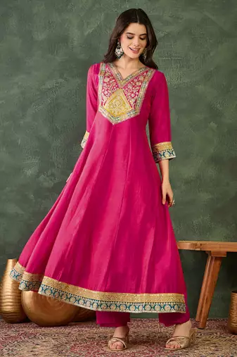 Women's Beautiful Embroidery Work Vichitra Silk Fabric Flared Anarkali Pant and Dupatta Set
