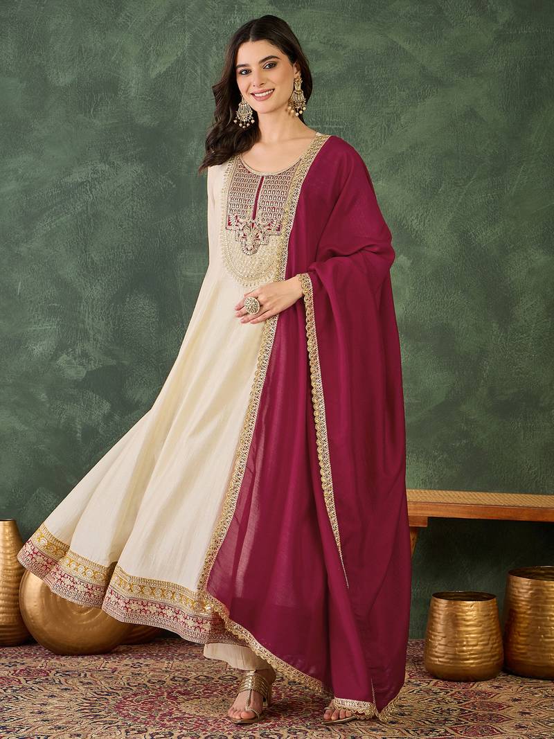 Women's Beautiful Embroidery Work Vichitra Silk Fabric Flared Anarkali Pant and Dupatta Set