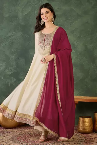 Women's Beautiful Embroidery Work Vichitra Silk Fabric Flared Anarkali Pant and Dupatta Set